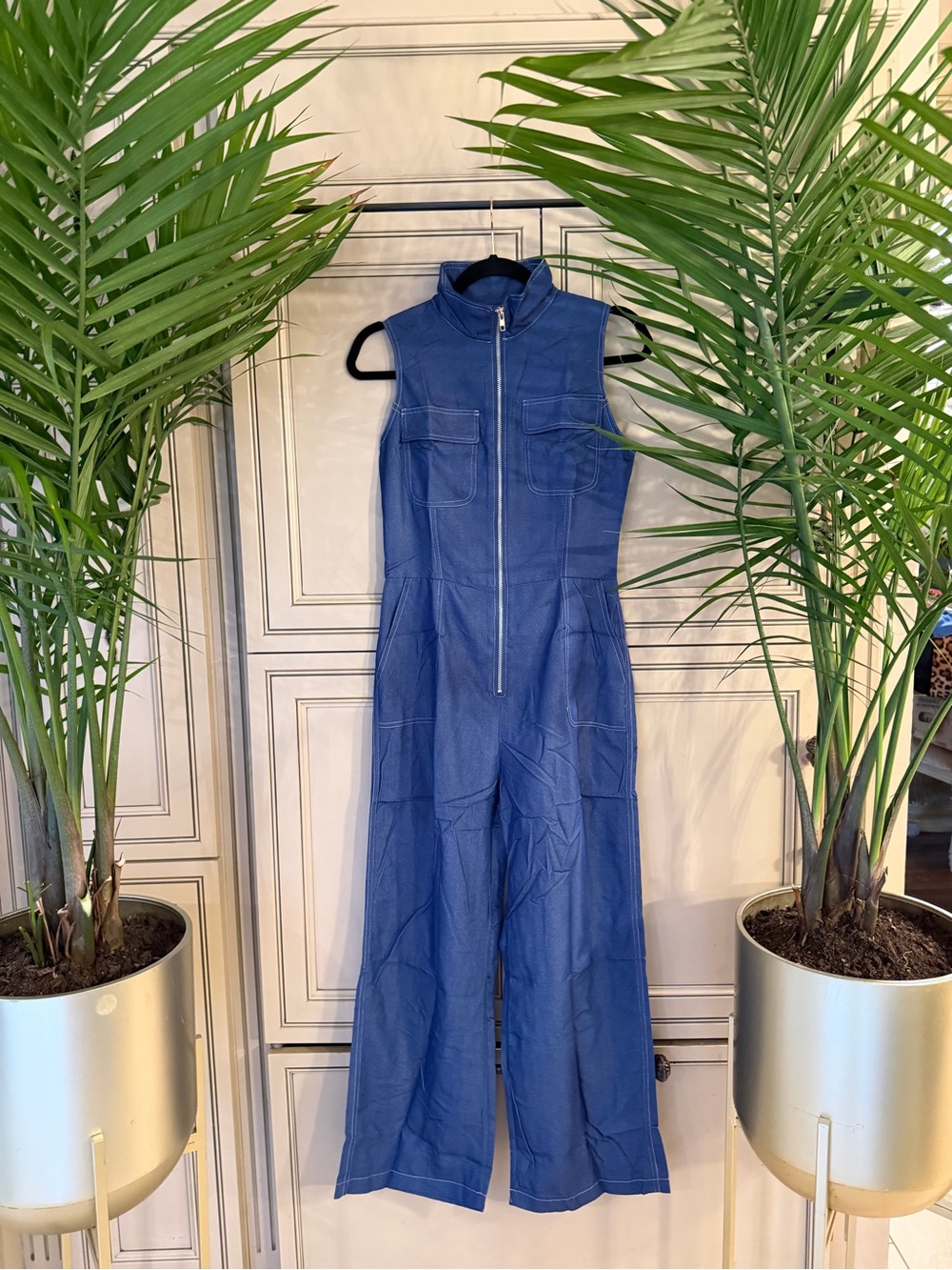 New Country Western Sleeveless Blue Zip-Front Denim Jean Look Jumpsuit Romper M